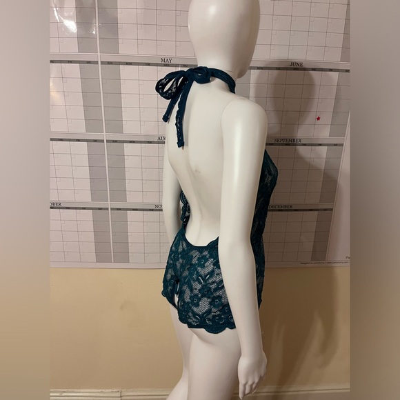 Teal Deep V Halter One Piece Teddy Bodysuit lingerie Crotchless size medium - Picture 2 of 7